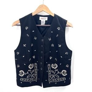 Vintage Talbots Black White Embroidered Rayon Linen Blend Vest Womens Medium